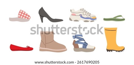 Flat style cartoon illustration collection of fashionable women footwear. Vector isolated elements of ballet pump, rain boots, flip flops, house slippers, high heels, trainers and espadrilles shoes