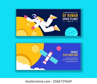 Flat Style Cartoon Illustration for Human Space Flight Anniversary Horizontal Banner