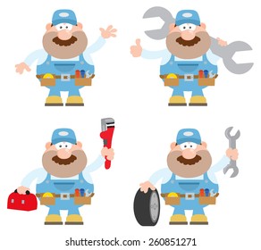 Flat Style Cartoon Illustration Of Mechanic Character 5.  Vector Collection Set 