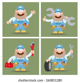 Flat Style Cartoon Illustration Of Mechanic Character 7.  Vector Collection Set 