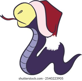 Ilustração de desenho animado de estilo plano de cobra em Santa cap. O chapéu escorregou por cima dos olhos. O animal pega os flocos de neve com a língua. Símbolo chinês do Ano Novo de 2025.