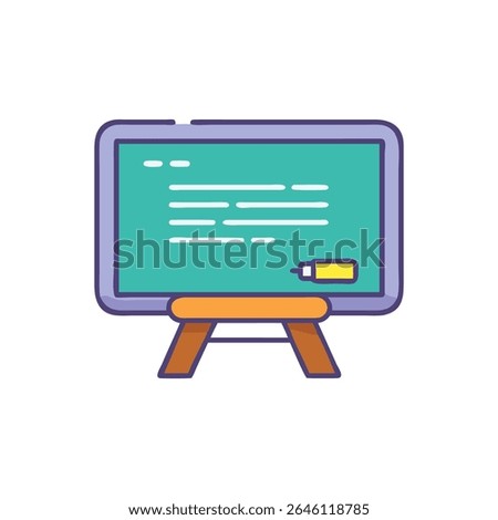 Flat style cartoon illustration of a text-filled blackboard on a wooden stand with a marker.