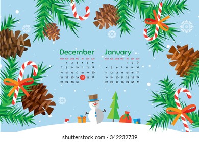 Flat style cartoon New Year calendar frame of pine branches and cones. December and January. Vector illustration.