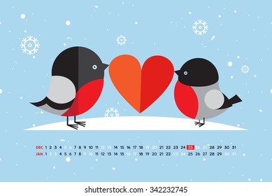 Flat style cartoon New Year calendar with cute bullfinch. December and January. Vector illustration.