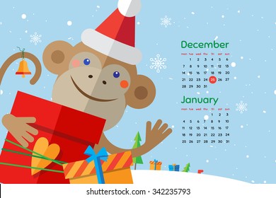 Flat style cartoon New Year calendar with cute monkey. December and January. Vector illustration.