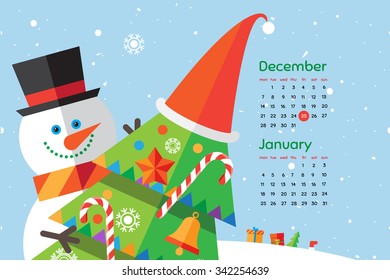 Flat style cartoon New Year calendar with cute snowman and Christmas tree in the hands of. December and January. Vector illustration.