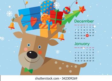 Flat style cartoon New Year calendar with cute deer. December and January. Vector illustration.
