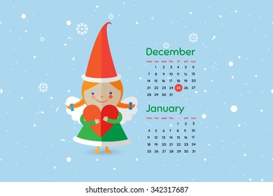 Flat style cartoon New Year calendar. Christmas angel with heart .December and January. Vector illustration.