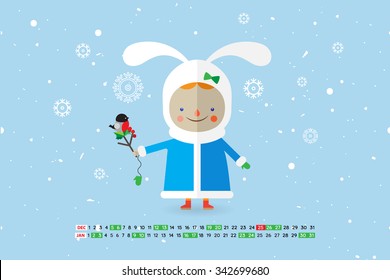 Flat style cartoon New Year calendar with cute girl. December and January. Vector illustration.