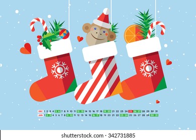 Flat style cartoon New Year calendar Christmas sock with candies, gifts and cute monkey. December and January. Vector illustration.