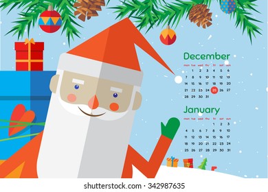 Flat style cartoon New Year calendar with happy Santa Claus. December and January. Vector illustration.