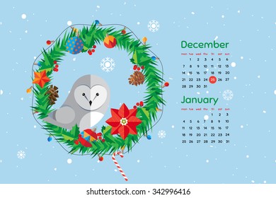 Flat style cartoon New Year calendar with Christmas wreath made of spruce and holly decorated with toys. December and January. Vector illustration.
