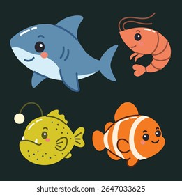 Flat Style Cartoon of Sea Animals