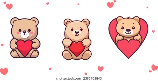 Flat Style Cartoon Set of Teddy Bear Vectors: Cute Animal Compositions with Bears and Hearts for Valentine’s Day
