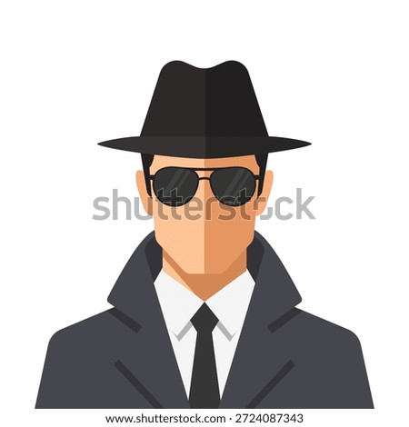 Flat style cartoon spy character wearing hat sunglasses and raincoat vector illustration