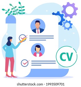 Flat style cartoon vector illustration. female lead stands in front of the list of job applicants. Concept of worker or personnel selection, staff recruitment or employee recruitment.