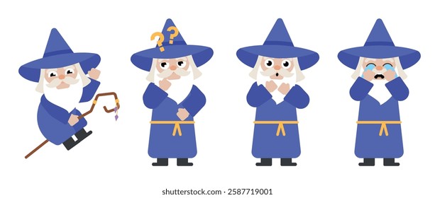 A flat style cartoon wizard character in various poses suitable for animation