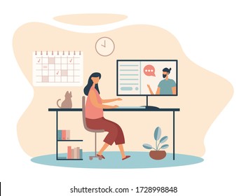 Flat style of cartoon woman sitting at table at home working remotely during quarantine and chatting with male colleague online