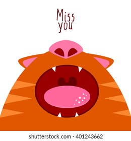 Flat style cat illustration say Miss you. Open mouth. Missing cat funny character. Romance card. Valentines card. Card with cartoon character. Miss you card