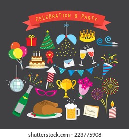 Flat Style Celebration And Party Icon Vector Set 