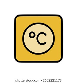 Flat Style Celsius Temperature Icon with Yellow Square Background and Bold Black Outline