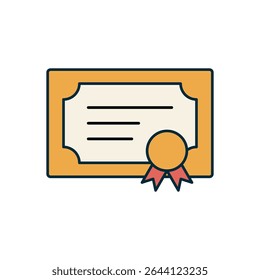 Ícone de Certificado de Estilo Plano com Borda Laranja, Linhas de Texto e Selo de Faixa de Opções em Plano de Fundo Branco
