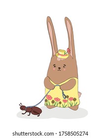 Flat style character  of a bunny with an ant. Isolated illustration on white background