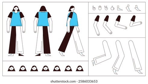 Flat style character constructor for animation. Front, Side, Back view. Separable body parts and different emotions. Simple colorful minimalistic design for advertisement, business, corporate identity