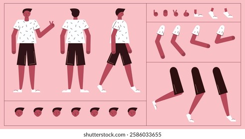 Flat style character constructor for animation. Front, Side, Back view. Separable body parts and different emotions. Simple colorful minimalistic design for advertisement, business, corporate identity