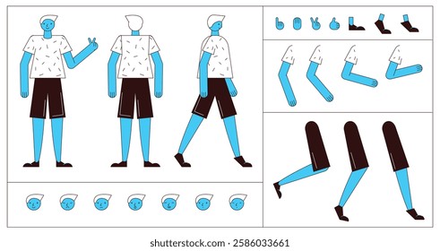 Flat style character constructor for animation. Front, Side, Back view. Separable body parts and different emotions. Simple colorful minimalistic design for advertisement, business, corporate identity