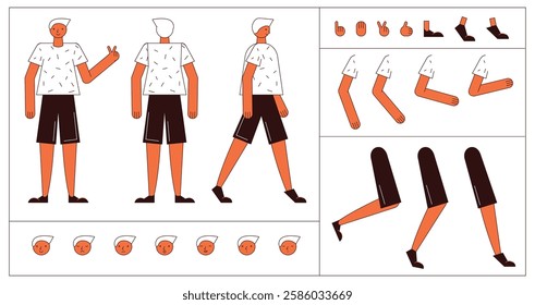 Flat style character constructor for animation. Front, Side, Back view. Separable body parts and different emotions. Simple colorful minimalistic design for advertisement, business, corporate identity