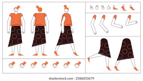 Flat style character constructor for animation. Front, Side, Back view. Separable body parts and different emotions. Simple colorful minimalistic design for advertisement, business, corporate identity