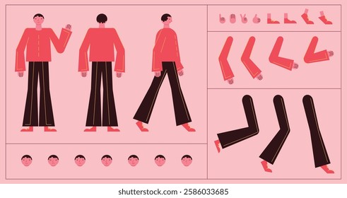 Flat style character constructor for animation. Front, Side, Back view. Separable body parts and different emotions. Simple colorful minimalistic design for advertisement, business, corporate identity