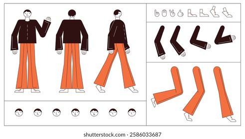 Flat style character constructor for animation. Front, Side, Back view. Separable body parts and different emotions. Simple colorful minimalistic design for advertisement, business, corporate identity