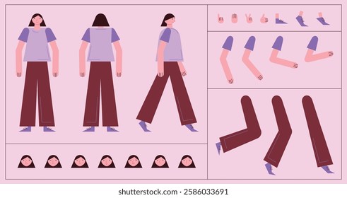 Flat style character constructor for animation. Front, Side, Back view. Separable body parts and different emotions. Simple colorful minimalistic design for advertisement, business, corporate identity