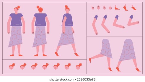 Flat style character constructor for animation. Front, Side, Back view. Separable body parts and different emotions. Simple colorful minimalistic design for advertisement, business, corporate identity