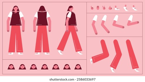 Flat style character constructor for animation. Front, Side, Back view. Separable body parts and different emotions. Simple colorful minimalistic design for advertisement, business, corporate identity