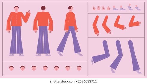 Flat style character constructor for animation. Front, Side, Back view. Separable body parts and different emotions. Simple colorful minimalistic design for advertisement, business, corporate identity