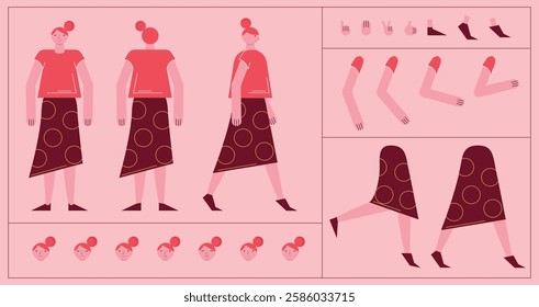 Flat style character constructor for animation. Front, Side, Back view. Separable body parts and different emotions. Simple colorful minimalistic design for advertisement, business, corporate identity