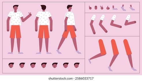 Flat style character constructor for animation. Front, Side, Back view. Separable body parts and different emotions. Simple colorful minimalistic design for advertisement, business, corporate identity