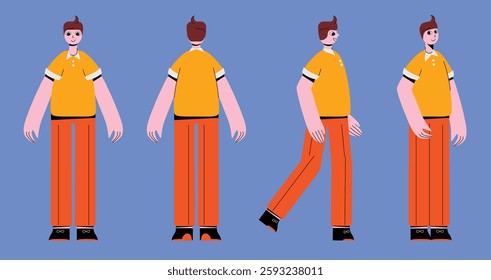 Flat style character constructor for animation. Front, Side, Back view. Separable body parts and different emotions. Simple colorful minimalistic design for advertisement, business, corporate identity