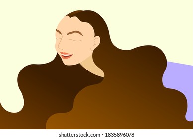 Flat style character. Girl with long brown hair is beautifully curved and smiles broadly with closed eyes