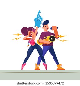 Flat style characters. Animators with professional tools in a natural epic pose. Cheer leaders in their summer and spring volunteering or first work for young people.