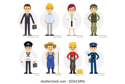 Flat style characters in different occupations isolated on white background