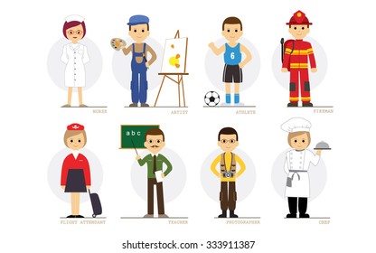 Flat style characters in different occupations isolated on white background