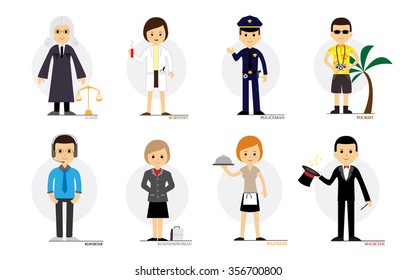 Flat style characters in different occupations isolated on white background