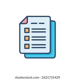 Flat style checklist graphic with orange boxes and lines. Two paper sheets stacked, clean design.