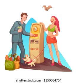 Flat style of cheerful woman with dog and confused man with cash money standing at bitcoin ATM machine