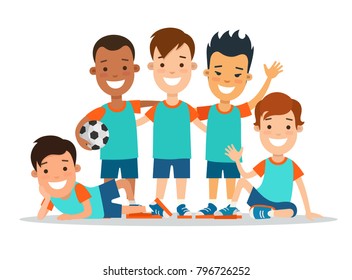 Flat style children football Soccer male young Player with ball vector illustration. Kids sports teen team set. Boy players standing and smiling in uniform clothes