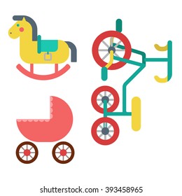 Flat style children kid child objects transport toys. Wooden horse pram tricycle vector icon set.
